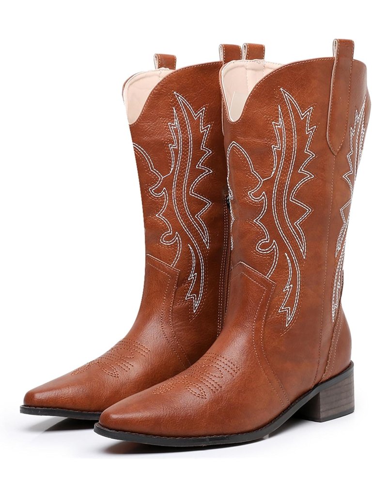 Women's Dark Brown Western Embroidery Cowgirl Boots Mid Calf Chunky Heel Boot